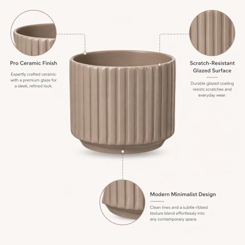 Image of Xtore Refined Ribbed Ceramic Planter Pot for Indoor Plants | Contemporary Wide Flower Pot for Home, Office Desk & Balcony Decor (Brown - Planter only)