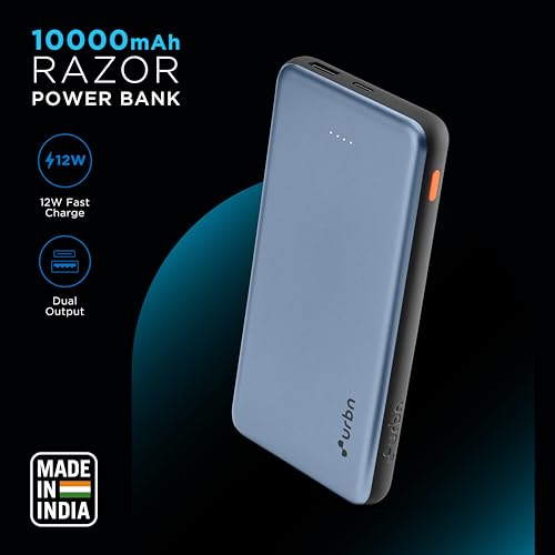 Image of URBN Power Bank 10,000mAh Ultra Slim 12W | Dual Port Type C Input /Output | BIS Certified | 4-Layer Circuit Protection | 6-Month Replacement Warranty | Made in India | Free Type C Cable - Blue