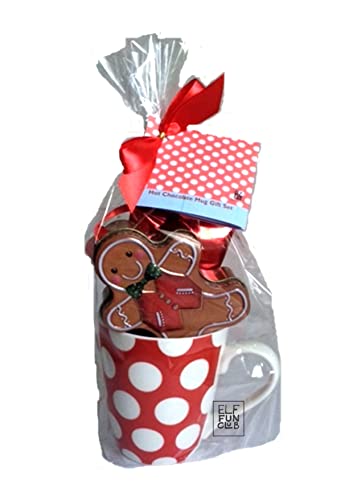 Hot Chocolate Mug Gift Set with Gingerbread Man Tin Tree Decoration with Gingerbread Biscuits, Hot Chocolate and Marshmallows