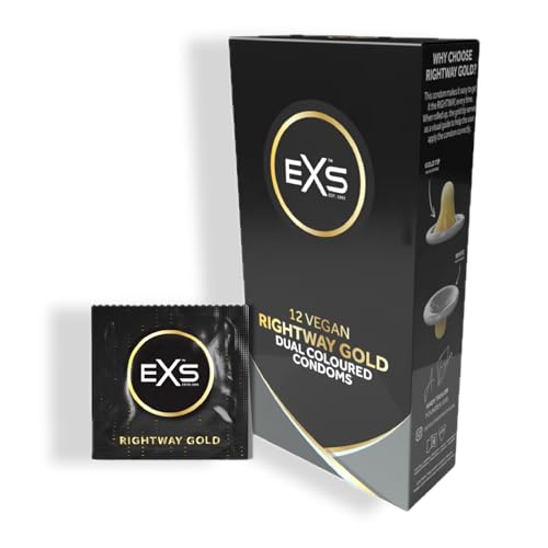 EXS Preservativos Rightway Gold | Látex natural y ligeramente lubricado | Diseño inteligente de doble color | Vegano | Paquete de 12
