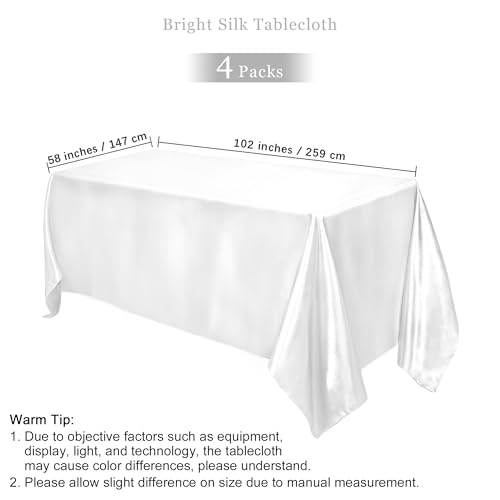 Image of TURSTIN 4 Packs Satin Tablecloth 102 x 58 Inch Overlay Satin Table Cover Rectangle Bright Silk Tablecloth Smooth Fabric Table Decoration for Wedding Banquet Party Events, White