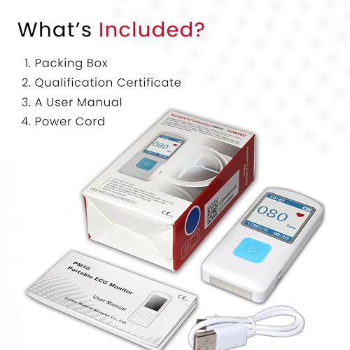 Image of CONTEC PM10 Portable ECG /EKG Monitor - Bluetooth Heart Rate & Rhythm Recorder with Rechargeable Battery, 1.77″ Color Screen & USB, Handheld Personal Heart Check Device