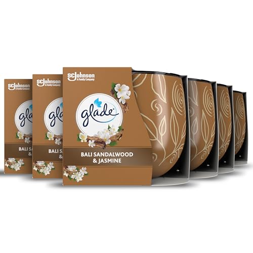 Glade Jar Candle Scented Candle Infused with Essential Oils Made Without Palm Oil Up to 25 Hour Burn Time Bali Sandalwood & Jasmine Pack of 6 (6x108g)