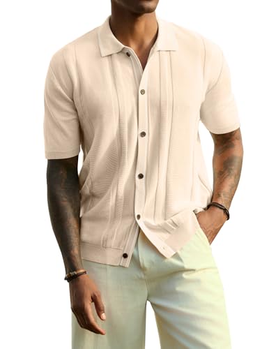 Image of JMIERR Men's Vintage Knit Button Down Shirts Fashion Casual Old Money Vacation Beach Polo Shirt Short Sleeve
