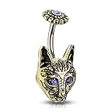 Pierced Owl Blue Eyed Tribal Cat Belly Button Ring in 316L Stainless Steel (Antique Gold Plated)