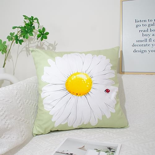 Cushion Covers 45 x 45 cm White Daisy Light Green Square Modern Double-Sided Decorative Pillows Covers for Sofa Couch Livingroom Chair Decor Pillow Case 18 x 18 inch - Image 2