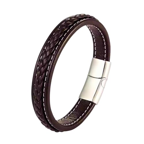Image of THE MEN THING Leather Bracelet for Men - American Style Genuine Leather Multi-Layer Braided Bracelet with 100% Stainless Steel Magnetic Buckle for Men & Boys (8 inch)
