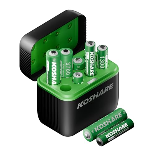 Pilas recargables de litio AAA de 1,5 V AA con cargador, 4 unidades de 3700 mWh doble A y 4 unidades de 1300 mWh triple A de alta capacidad, recargables hasta 1200 veces (negro y verde)