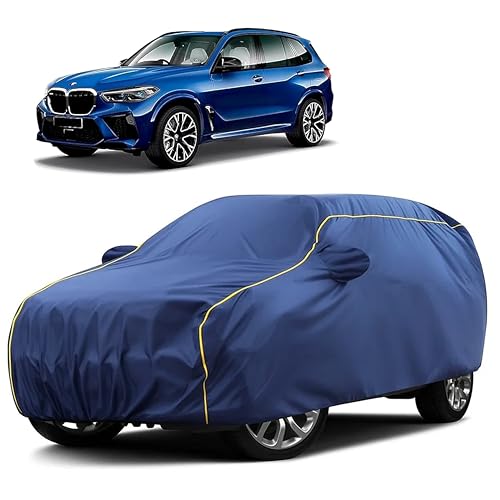Image of Sulfar 100% Water Resistant Car Body Cover Compatible with Mirror for BMW X5M (Triple Stitched, Full Bottom Elastic, Blue Taffeta with Yellow Piping)