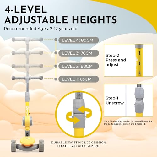 Image of Foldable 3 Wheel Kids Scooter with Seat | 4-Level Adjustable Handlebar | PU LED Wheels | Light & Music | 2 in 1 Skate Cycle Scooter for Boys & Girls 3-10 Years (KS-113 Yellow /Grey)