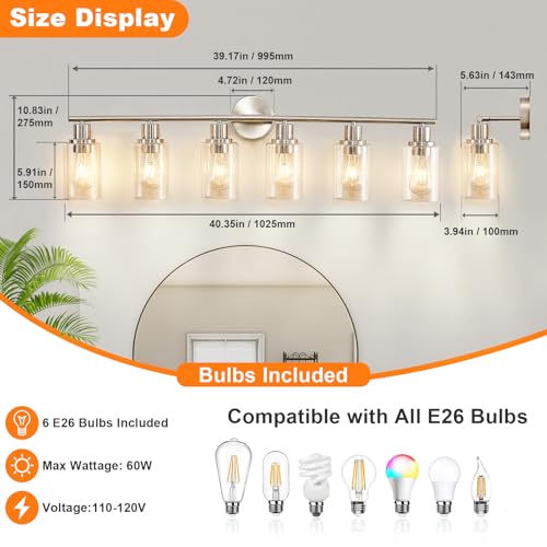 Image of DLLT 6-Light Bathroom Light Fixtures: Nickel Modern Vanity Lights with E26 Bulbs - Clear Glass Shade Bathroom Wall Lamp for Mirror Kitchen Living Room Hallway Cabinet Porch