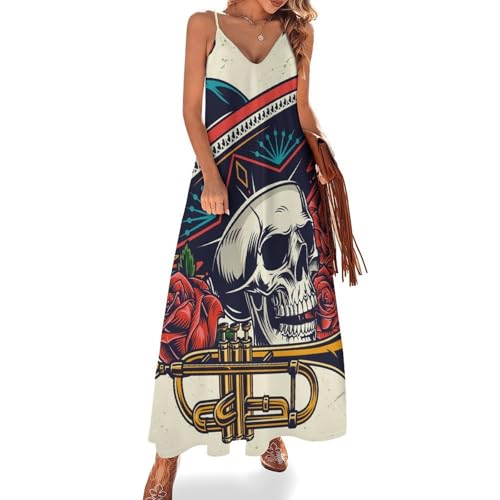Robe longue crâne rose pour femme : maxi robe d'été sans manches idéale pour la plage et les voyages