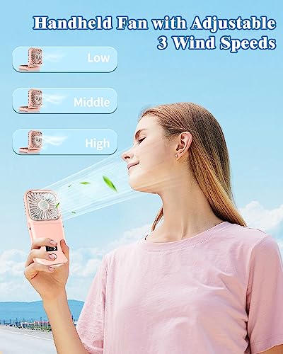 Hand Held Fan Rechargeable,Mini Fan Portable Fan Battery Powered Fan with 3 Speed, Table Fan Small Desk Fan, Cordless Personal Fan, 180°Folding Hand Fan Summer Gifts for Women Girls Kids Pink