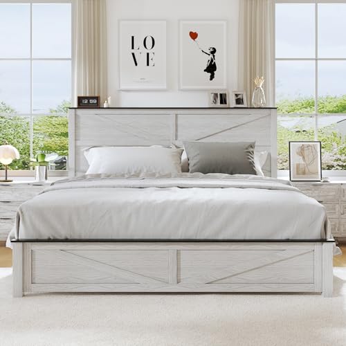 Mxhtcewz Farmhouse King Size Wood Bed Frame with Geometric Headboard, Wooden Platform Bedframe with Footboard, No Box Spring Needed, Noise Free, White