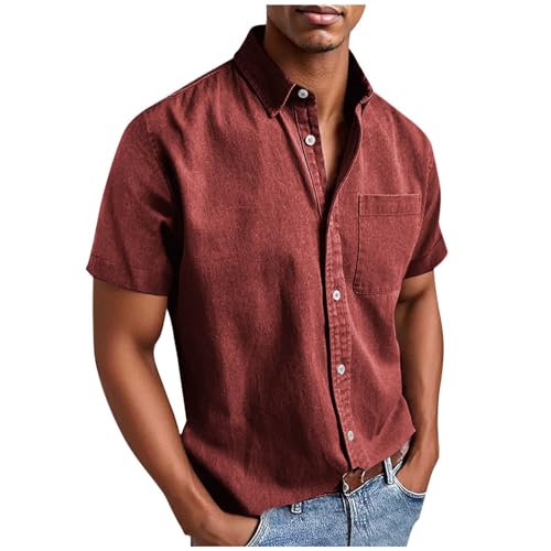 Camisa para Hombre de Manga Corta Casual Sin Planchar con Bolsillos Camiseta de Hombre de Tallas Grandes de Manga Corta Camiseta de Verano Botón Abajo Camisas de Regular Fit Camiseta de Verano, rojo