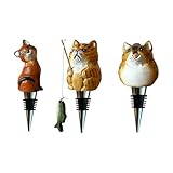 Set of 3 Cat Wine Bottle Stoppers, Hand-Carved Wooden Kitties, Reusable Beverage Stoppers with Airtight Rubber Seal, Novelty Gift