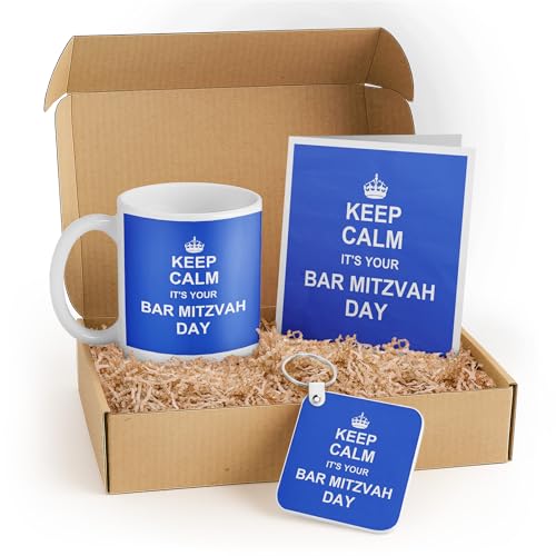 3dRose Bar Mitzvah Gift Set for Boys – Mug, Card, and Keychain – Blue Design with Encouraging Message – Perfect for 13th Birthday Celebration