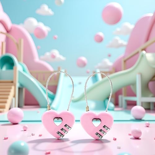 Image of 2Pcs Pink Combination Lock, 3 Digit Heart Shaped Wire Rope Padlock for School Gym Locker, Sports Locker, Fence, Toolbox, Case, Hasp Storage Combination Padlocks