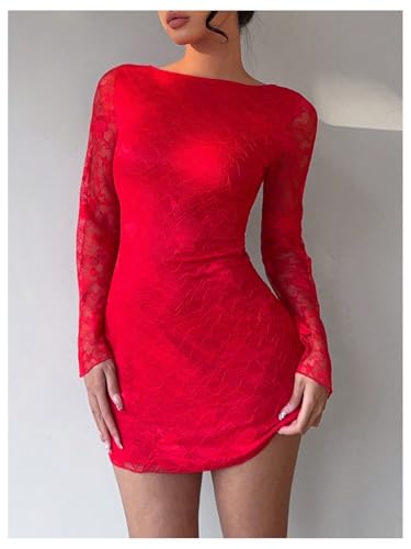 Image of SOLY HUX Women's Lace Mini Dress Tie Backless Bell Long Sleeve Crew Neck Bodycon Dresses