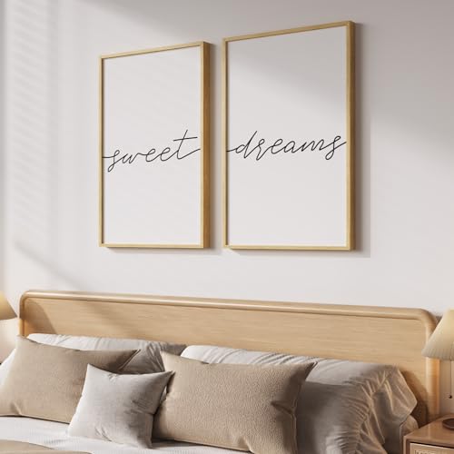 Framed Sweet Dreams Wall Art for Bedroom Decor Set of 2 Minimalist Quote Canvas Prints Modern Black and White Typography Artwork for Nursery Guest Room Bedroom Hallway Walls Decor 16x24 Inch