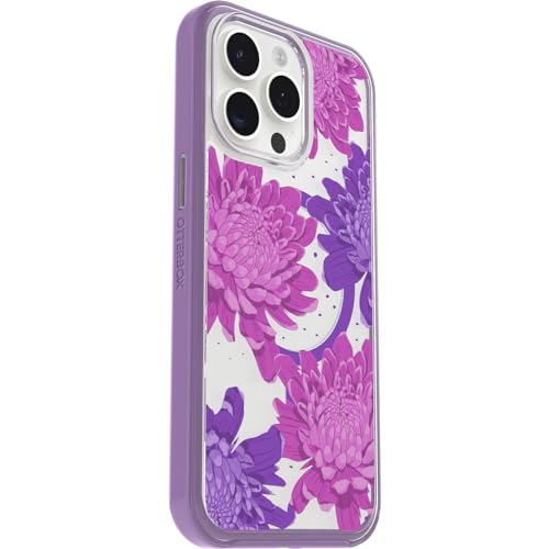 Image of OtterBox iPhone 15 Pro MAX (Only) Symmetry Series Clear Case - PAPERCUT FLOWERS (Purple), snaps to MagSafe, ultra-sleek, raised edges protect camera & screen