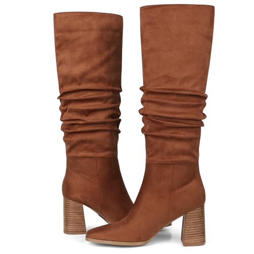 mikarka Suede Knee High Boots Women Slouchy Tall Boots for Women Square Toe Chunky Block High Heel 2025 Fall Slip-On Long Boots2