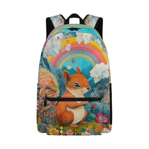 Squirrel Rainbow Cute Backpack For Unisex Kids 17 Inch Elementary Animal Print School Bag Durable Travel Rucksack