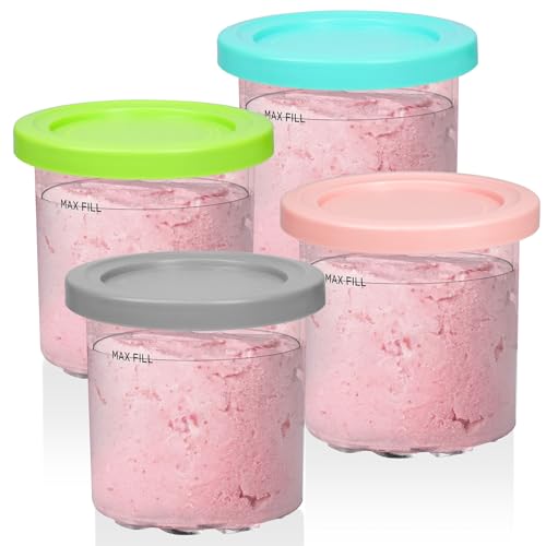 YQL 4-Pack 16oz Ice Cream Containers with Lids for Ninja Ice Cream Maker NC300UK, Clear Dessert Tubs 450ml Dishwasher Safe (Grey, Pink, Blue, Green)
