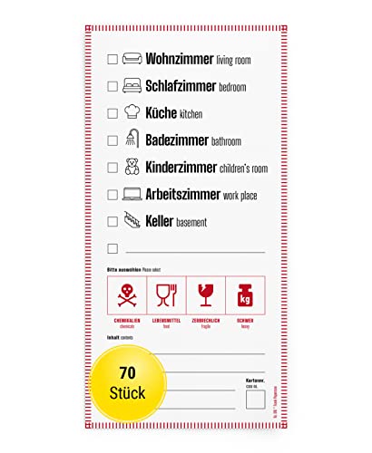 Frank Paperman® Umzugsetiketten 70 Stück | Aufkleber für Umzugskartons | selbstklebend, zweisprachig DE/EN | DIN lang hochkant | Etiketten mit Symbolen & Raumangaben | Umzug Zubehör