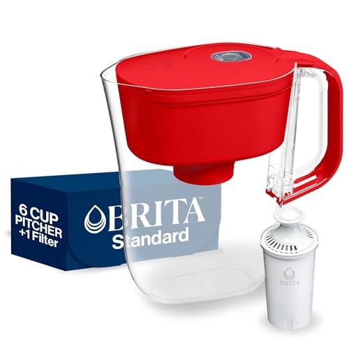 Brita 6 Filtre à tasse avec indicateur de lumière intelligent, réduit le goût et l'odeur du chlore de l'eau du robinet, filtres 151 Litres, Denali, Rouge
