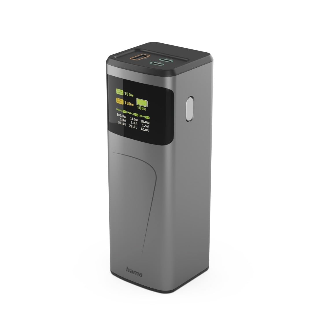 Hama | Power Bank High Power 24.000 mAh 150 W USB-C PD Pantalla TFT | Power Delivery 3.0 y Quick Charge 3.0, 2 USB-C y USB-A, ideal para portátil, tablet, gaming y smartphone, Gris