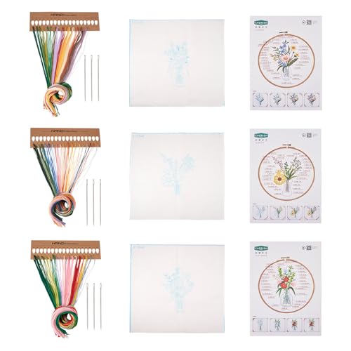Image of Magibeads 3 Sets Beginner Embroidery Kit Vase Flower Arranging Cross Stitch Patterns Crochet Kit with Embroidery Thread Fabric Instruction Knitting