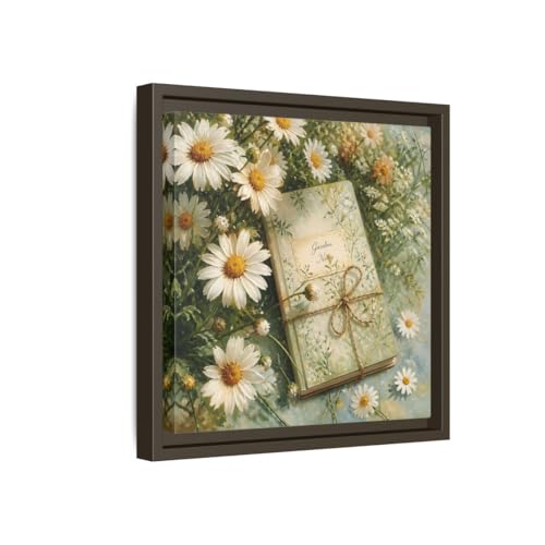 Toile marguerites avec cadre premium effet bois expresso
