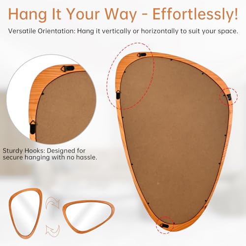 FUIN Asymmetrical Irregular Wall Mirror 30.5" x 19.5" – Solid Wood Frame Mid Century Modern Decor, Organic Pebble Shaped HD Glass for Bathroom Vanity, Bedroom, Living Room & Entryway (Teak Finish) - Image 6