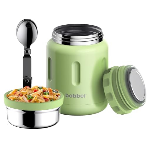BOBBER - BOBBER 24 oz Insulated Stainless Steel Thermo Jar for Hot Food, Extra-Wide Mouth Soup Container with Spoon and Bowl - Keeps Rice and Pasta Hot for 14 Hours and Salads Cold for 20 Hours (Green)