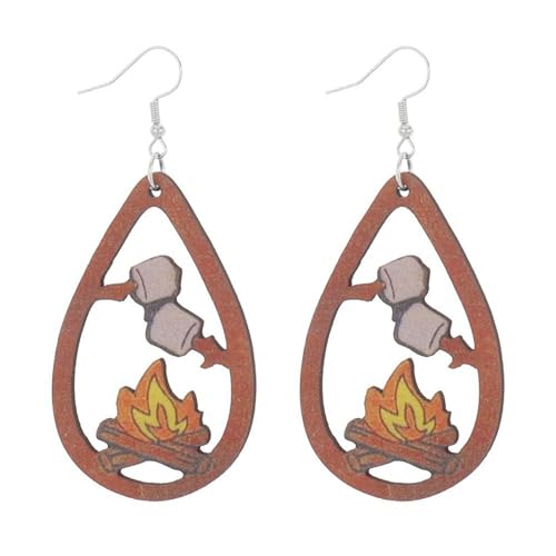 MALOYANVE Bonfire Earrings for Women Funny Wooden Lightweight Teardrop Fire Dangle Drop Campfire Earrings for Outdoor Lovers