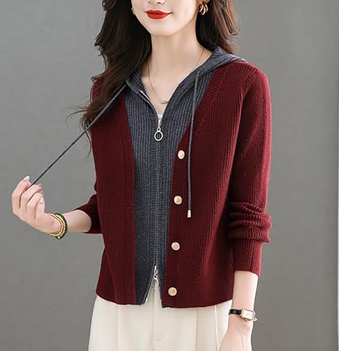LAI MENG FIVE CATS Women's Casual Cardigan Hooded V Neck Sweaters Knitted Long Sleeve Knit Jackets2