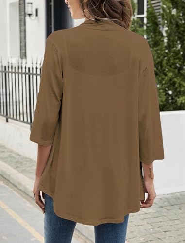 Image of Yekaty Women Cardigan 3 /4 Sleeves Open Front Lightweight Cardigan Draped Ruffles Knit Cardigan