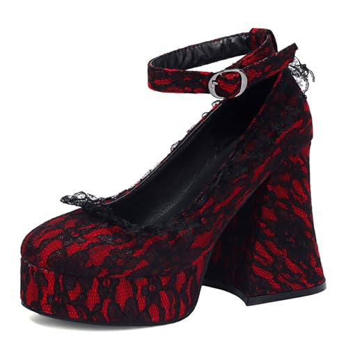 Image of KOKOMOMO Womens Lace Flower Heels Goth Platform Shoes Chunky High Heel Mary Janes Gothic Shoe
