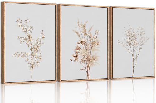 Ausril Wildflower Floral Framed Canvas Wall Art Set, Beige Botanical Wall Decor, Minimalist Nature Flower Wall Painting, Modern Boho Farmhouse Art Print for Living Room, Bedroom, Office- 24"x36"x3