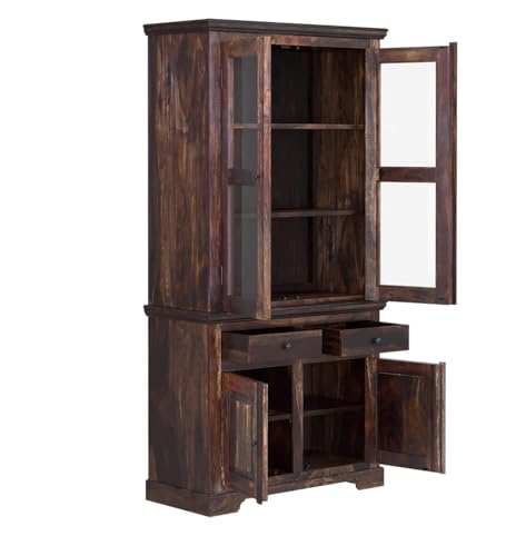 Image of Solid Sheesham Wood Imperial Storage Cabinet|Wooden Display Unit for Kitchen |Wooden Bookshelf with Drawers for Living Room(Warm)