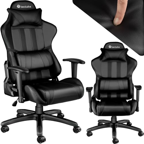 TecTake® Silla Gamer, Silla Gaming de Escritorio, Silla de Oficina Ajustable, Sillon Gaming con Respaldo Reclinable, Silla Ergonómica con Reposabrazos y Cojín Lumbar, Piel Sintética - Negro/Negro