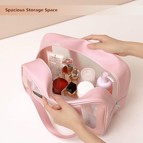 Image of KASHIVAL 3-Piece Clear Travel Toiletry Bags Set, Waterproof Transparent Makeup Organizer Pouches with Zipper, Large Medium Small Cosmetic Storage Cases with Carrying Handle (Pink)