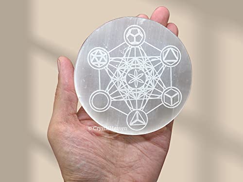 Image of Crystal Heaven Certified Selenite Charging Plate,4 Inch Engraved Platonic Solid Metatron Cube Selenite Plate For Crystal Cleansing Re-Energy Work,Meditation And Pooja