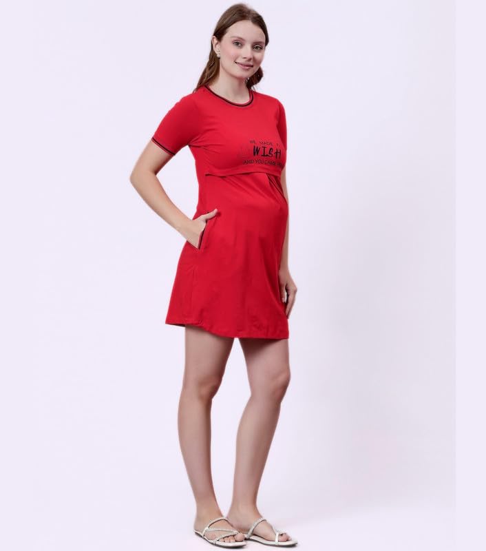 True Shape Maternity Dresses for Women Cotton | Stretchable Zipless Feeding Loungewear Kurta with Side Pockets in Knitted Hosiery for Pre & Post Partum(TSH-010-L, Red) 2