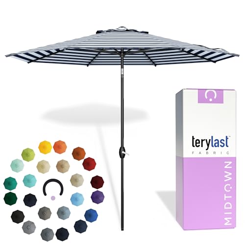 Image of Midtown Umbrellas - 10-Year-No-Fade 9 Ft Patio Umbrella with Terylast Fabric, Auto-Tilt Aluminum Frame and 8 Reinforced Ribs for Deck, Pool, Garden & Beach - Navy Stripes Canopy, Black Pole
