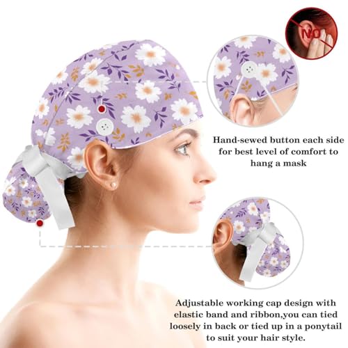 Image of Butterfly Scrub Cap Women with Ponytail & Buttons Adjustable Surgical Nurse Hat with Cotton Sweatband for Long Hair
