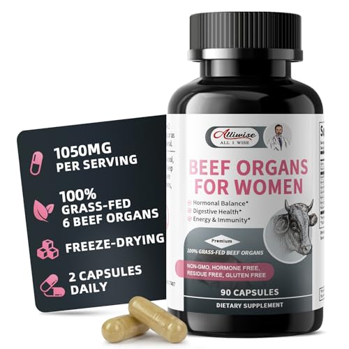 Alliwise Beef Organ Supplement for Women - Supports Female Hormonal Balance, Energy & Overall Wellness, 100% Grass Fed Beef Organs Complex: Liver Uterus* Heart & 3 More, (2 Capsules Daily)