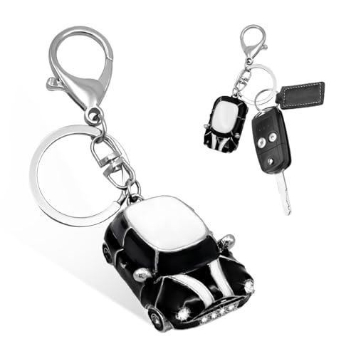 povtii Car Key Chain, Rhinestone Detail 3D Cute Car Model Keychain, Mini Cooper Metal Key Chain with Ring, Car Accessories (Black)