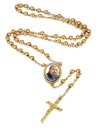 Supcare Collar Rosario Hombre Mujer Acero Inoxidable Medalla con Foto Personalizada Cuentas Metálicas Colgante Cruz Cristiano Cadena Rosario Oro 18K Joyería Religiosa Padre Madre